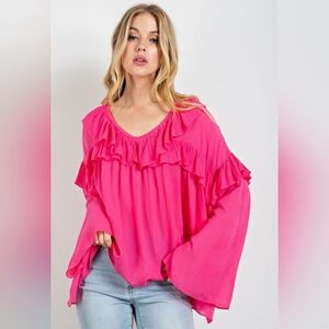 easel Hot Pink Ruffle Long Sleeve Blouse